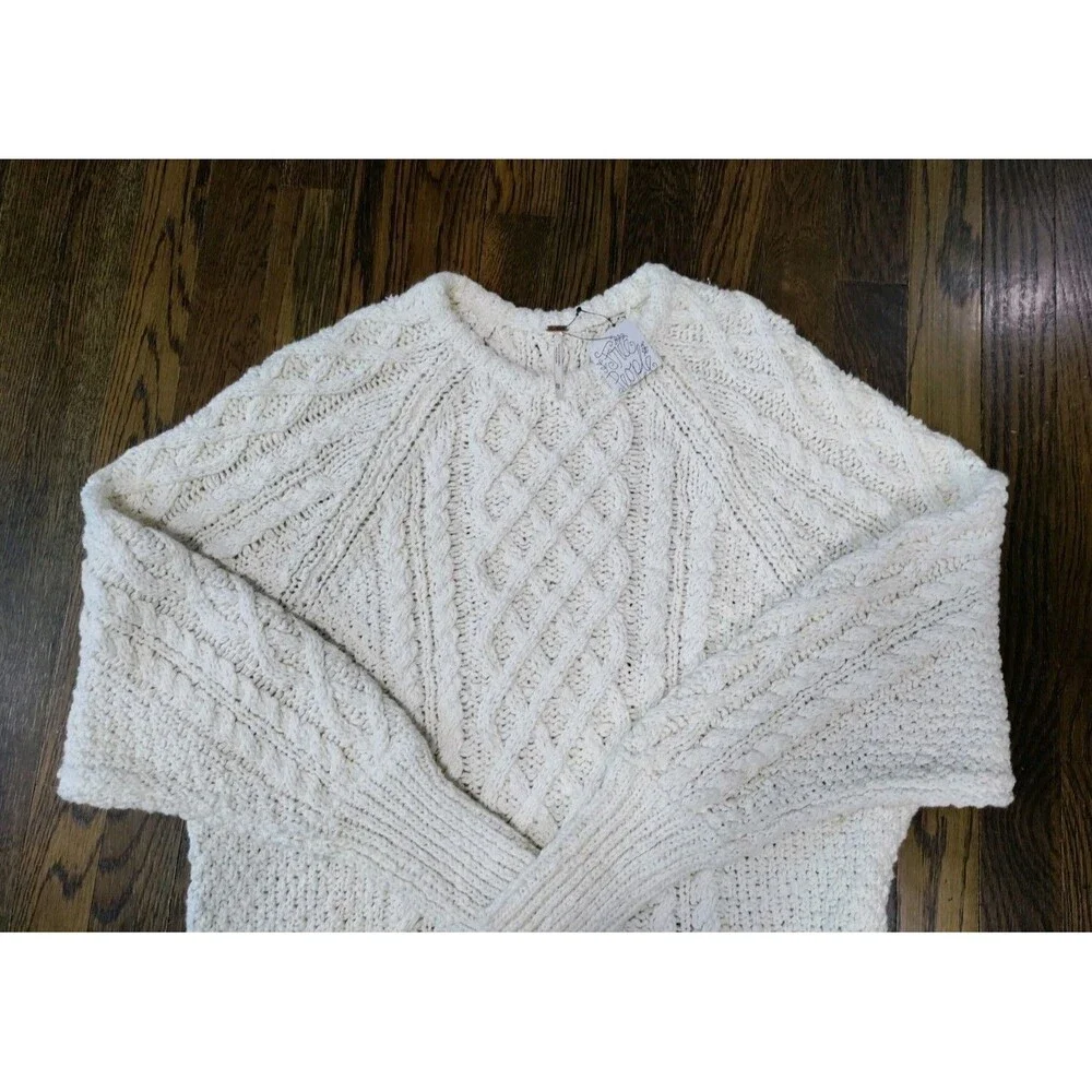 Free People Cable Knit Sweater XS Cream Fishermen Chunky Crew Neck Oversized NWT